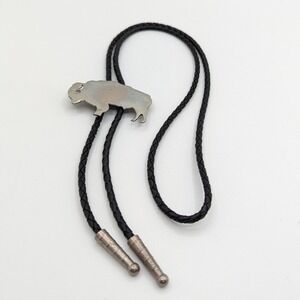 Vintage Handcrafted German Silver Buffalo Bolo Tie Black Braided Cord Bison